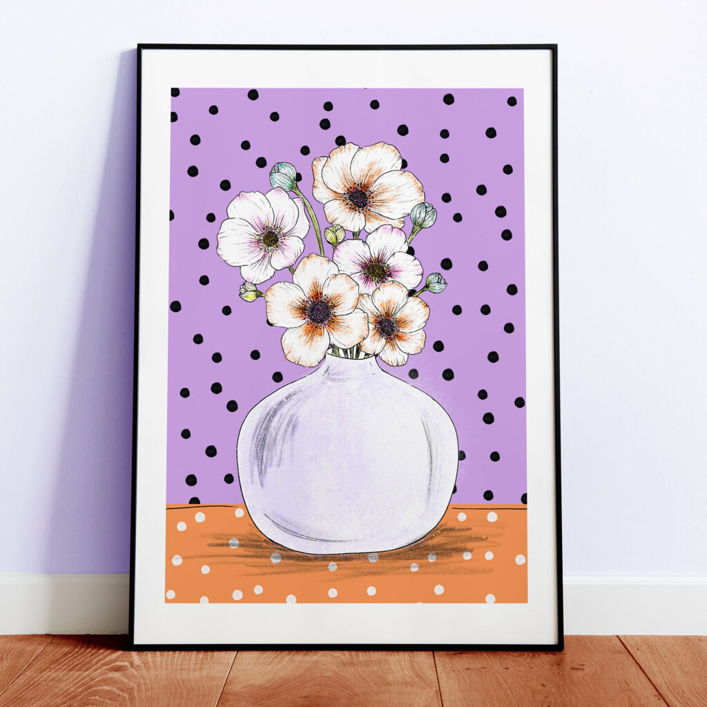 Bloom by Han. Flower Vase A4 Print Illustration, Purple Lilac and Orange Colourful Wall Art in wooden frame
