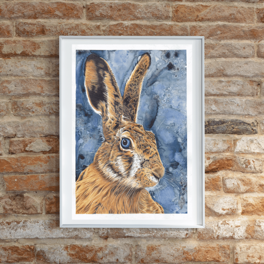 Art print featuring a hand drawn March Hare with blue eyes.