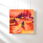Painting titled: Urban Shuck, depicting a spectral black dog in a cityscape. Background colours for the painting are bright oranges, pinks, yellows.