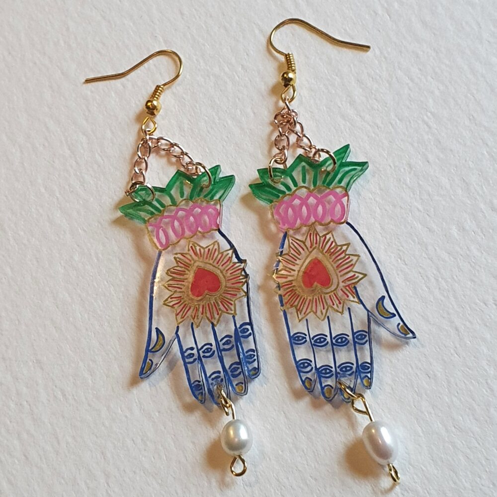 Mushypeadesign Milagros Hand pearl drop earrings gold plated
