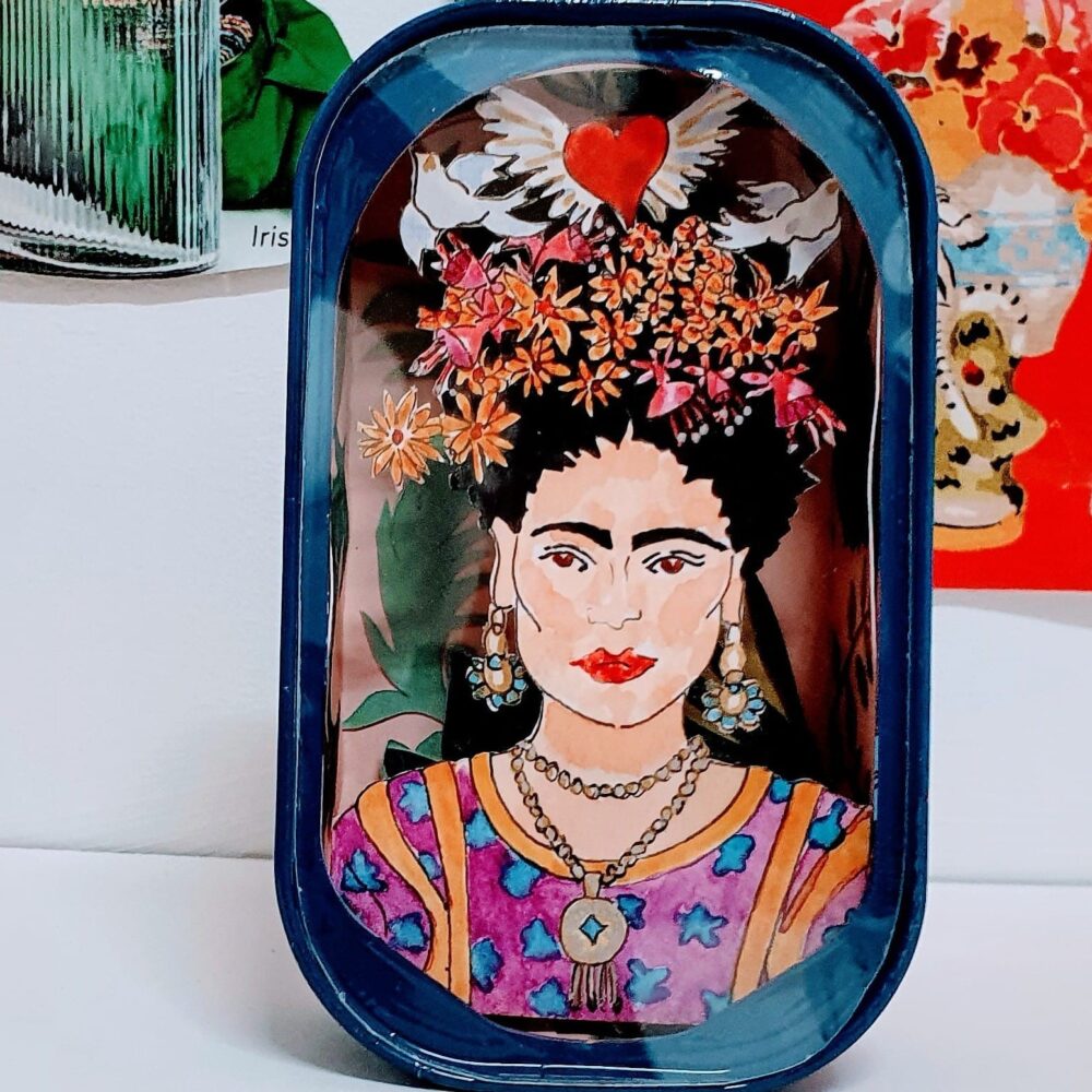 Frida diorama - mixed media layered artwork inside an upcycled sardine tin