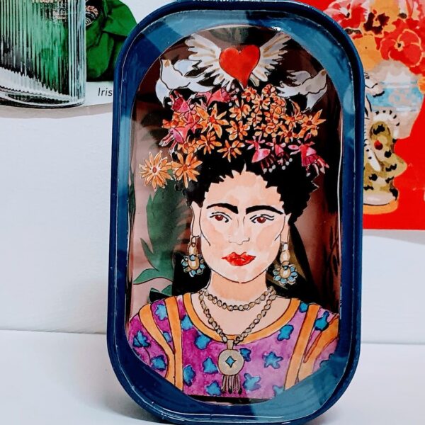 Frida diorama - mixed media layered artwork inside an upcycled sardine tin