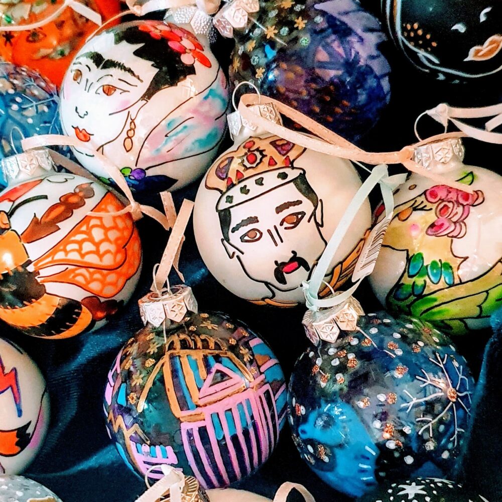 Mushypeadesign a basketful of Baubles - hand painted glass Christmas tree ornaments