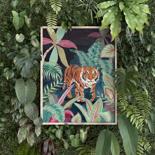 Animeeko Designs, Illustrated Colourful tiger jungle art print in wooden frame on living wall