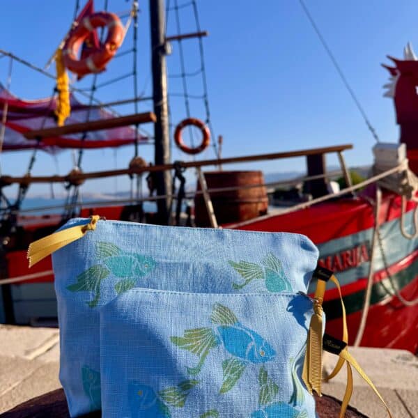 Raina Atelier Sky Blue Koi Fish Linen Women’s Makeup Bag and Raina Atelier Sky Blue Koi Fish Linen Women’s Zip-Up Pouch