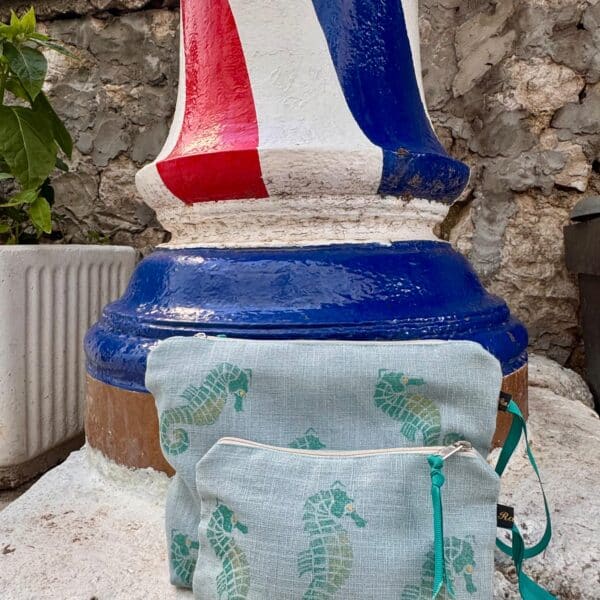Raina Atelier Eucalyptus Green Seahorses Linen Women’s Makeup Bag and Raina Atelier Eucalyptus Green Seahorses Linen Women’s Zip-Up Pouch