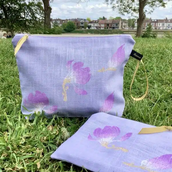Raina Atelier Lilac Magnolias Linen Makeup Bag and Raina Atelier Lilac Linen Magnolias Zip-Up Pouch