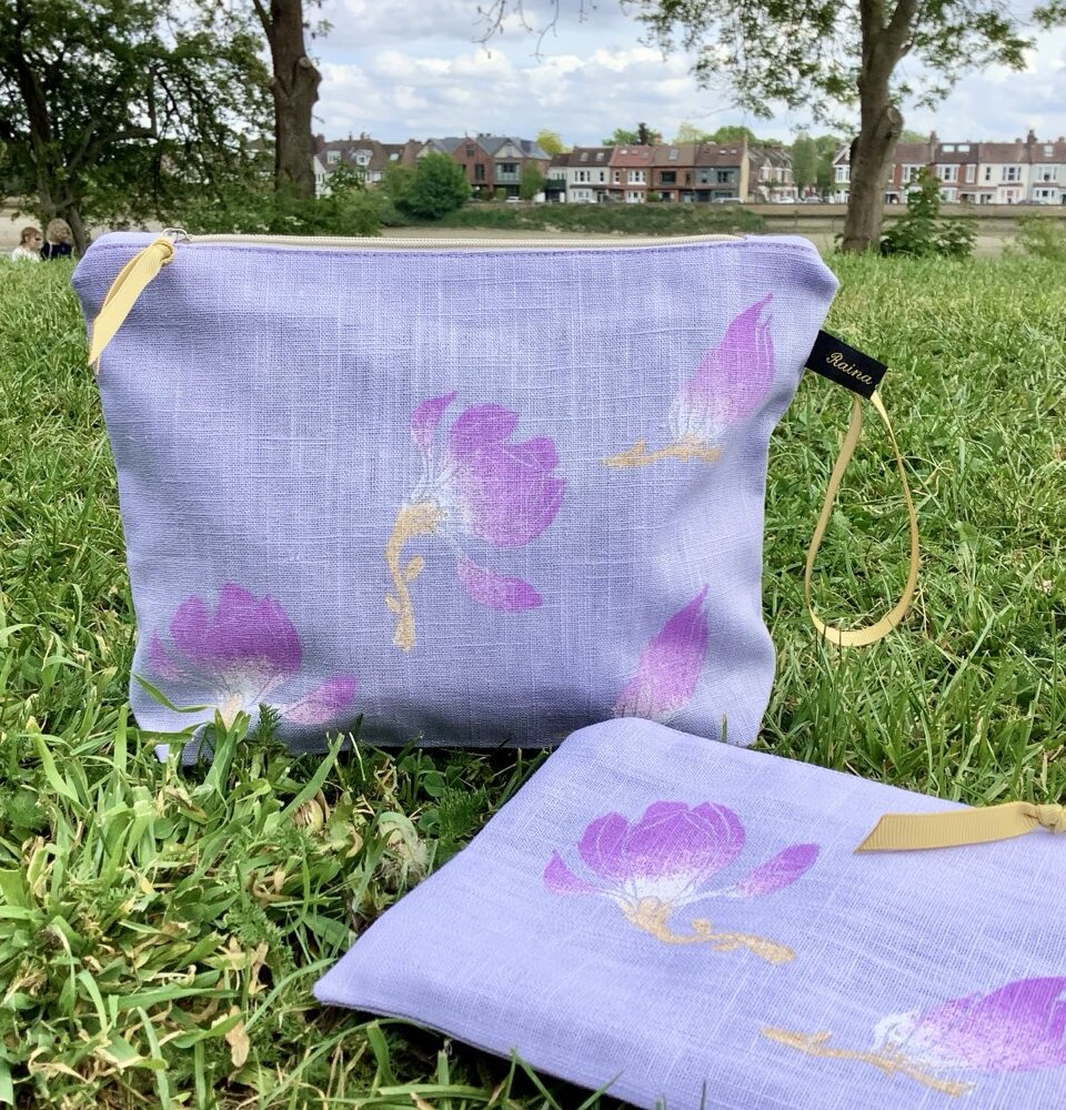 Raina Atelier Lilac Magnolias Linen Makeup Bag and Raina Atelier Lilac Linen Magnolias Zip-Up Pouch