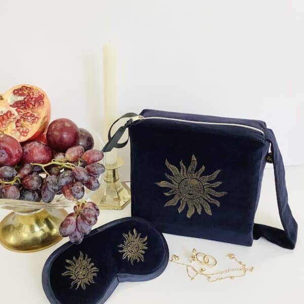 Raina Atelier Navy Velvet Sun Wash Bag with handle and Navy Velvet Sun Lavender Eye Sleep Mask