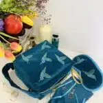Raina Atelier Teal Velvet Hummingbirds Wash Bag with handle and Teal Velvet Hummingbirds Lavender Eye Sleep Mask