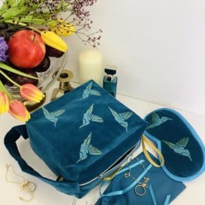 Raina Atelier Teal Velvet Hummingbirds Wash Bag with handle and Teal Velvet Hummingbirds Lavender Eye Sleep Mask