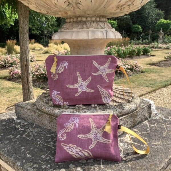 Raina Atelier dusty pink sea shells makeup bag and dusty pink sea shells pouch