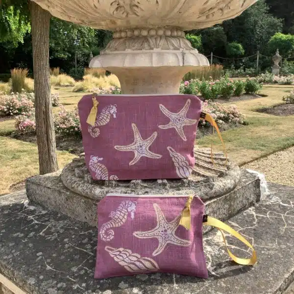 Raina Atelier dusty pink sea shells makeup bag and dusty pink sea shells pouch