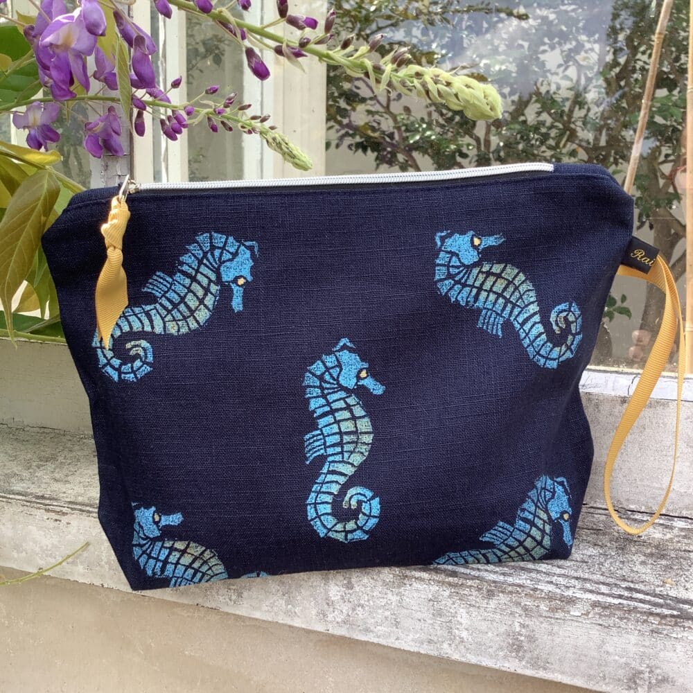 Raina Atelier Navy Seahorses Linen Women’s Makeup Bag
