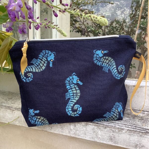 Raina Atelier Navy Seahorses Linen Women’s Makeup Bag