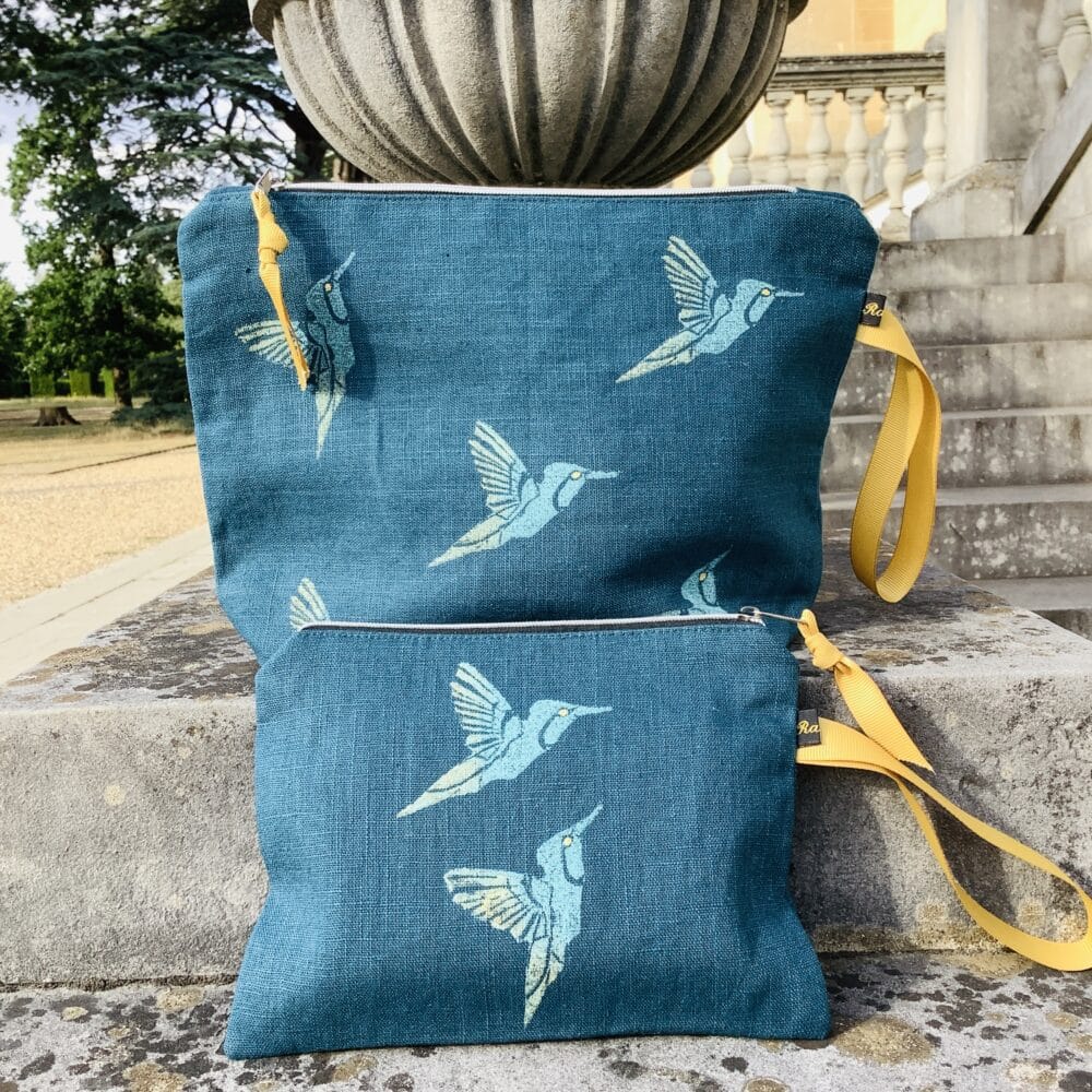 Raina Atelier Teal Hummingbirds Linen Women’s Makeup Bag and Raina Atelier Teal Hummingbirds Linen Women’s Zip-Up Pouch