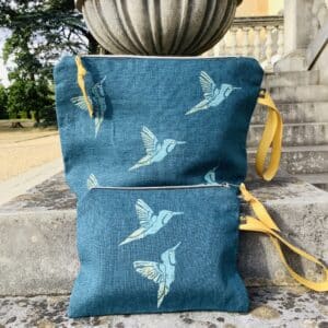 Raina Atelier Teal Hummingbirds Linen Women’s Makeup Bag and Raina Atelier Teal Hummingbirds Linen Women’s Zip-Up Pouch