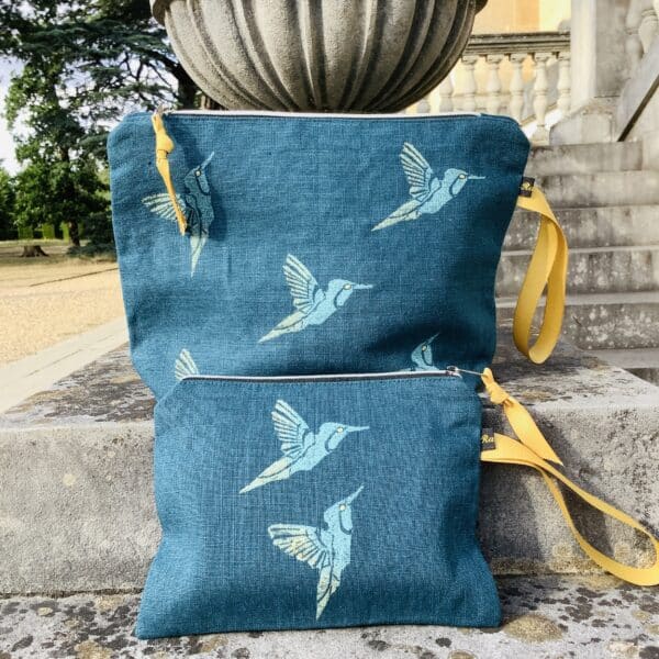 Raina Atelier Teal Hummingbirds Linen Women’s Makeup Bag and Raina Atelier Teal Hummingbirds Linen Women’s Zip-Up Pouch
