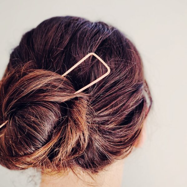 KiJo Jewellery, Copper hair fork worn in hair bun