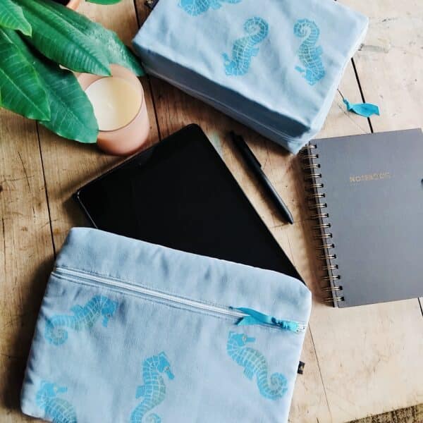Raina Atelier Sky Blue Velvet Seahorses iPad Case and Sky Blue Velvet Wash Bag