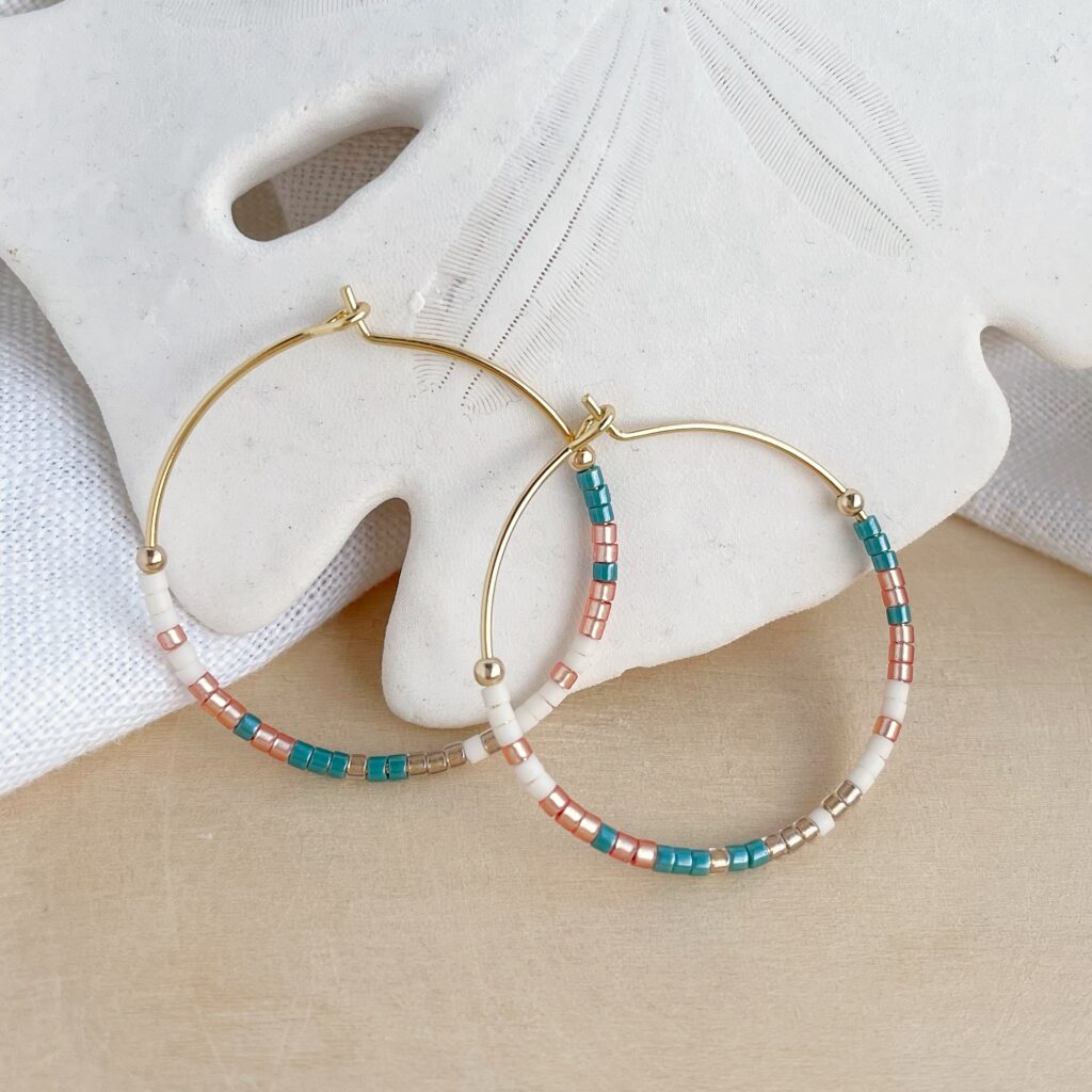 Hardy to hudson, delicate hoop earrings with teal, orange and gold glass beads