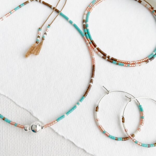 hardy to hudson, turquoise, orange and brown delicate beaded necklace, wrap bracelet and gold hoop earrings