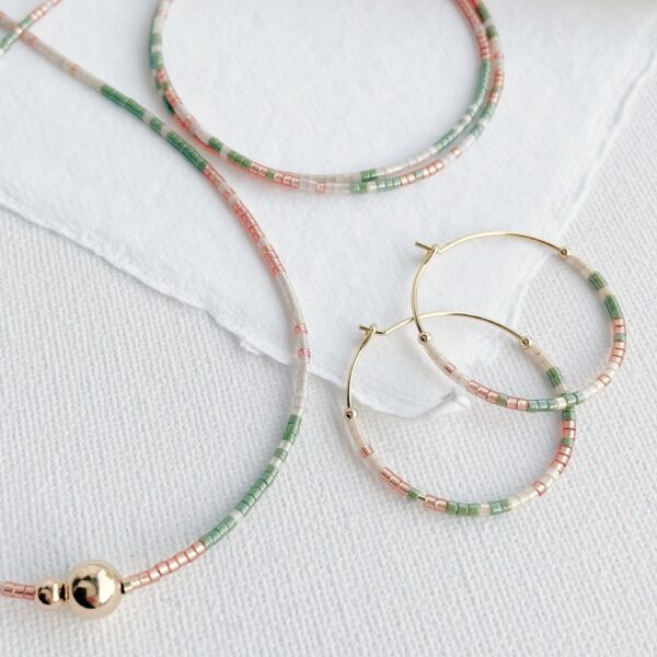hardy to hudson, orange and green delicate beaded necklace, wrap bracelet and gold hoop earrings
