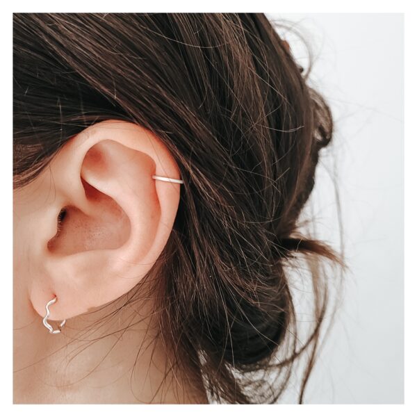 KiJo Jewellery, Wiggle Hoop Stud earrings close up of small hoops worn with messy updo and small ear cuff