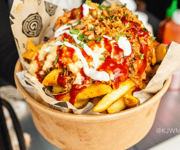A close up of loaded fries.