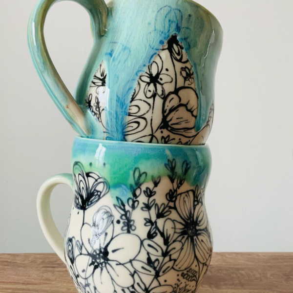 Oh Snap Ceramics vibrant small batch pottery, turquoise floral mugs