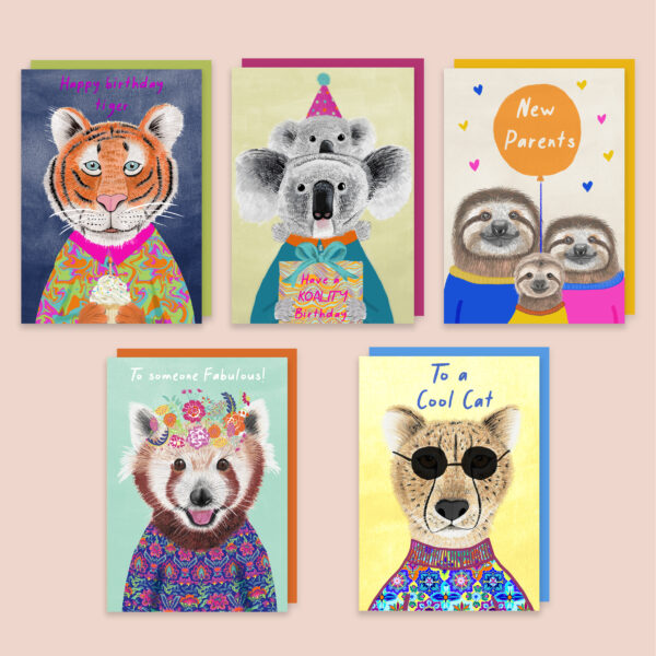 Animeeko Designs, colourful animal Greeting cards with bright envelopes