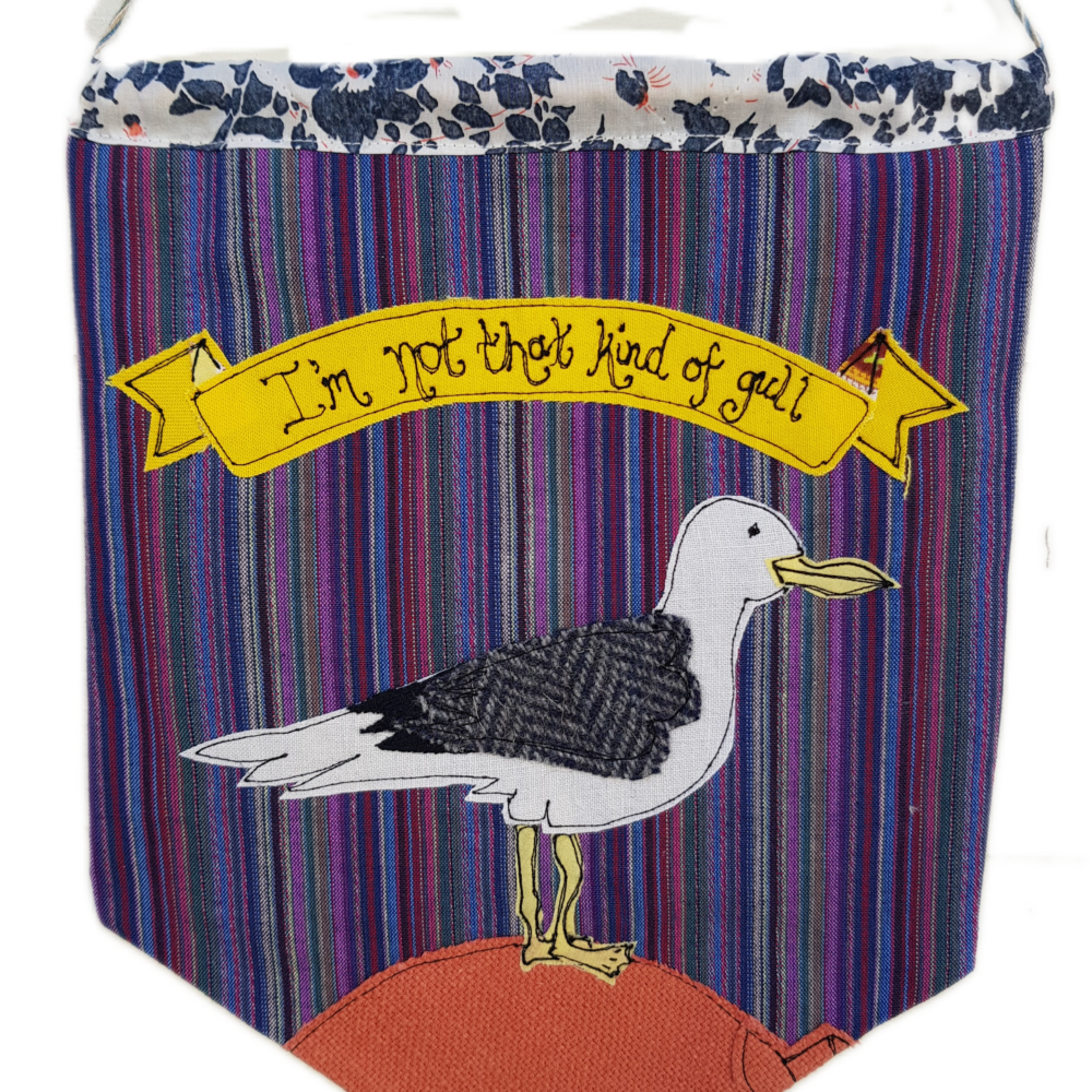 Mae Kandoo Seagull pennant I'm not that kind of gull stitched with free motion machine embroidery