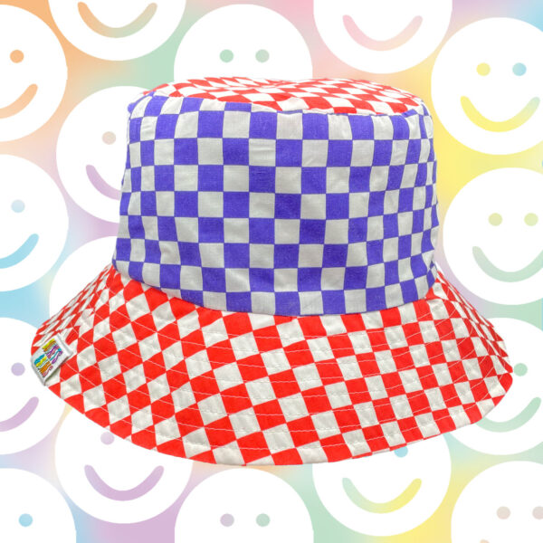 Buckets & Bums, red and blue checkerboard bucket hat