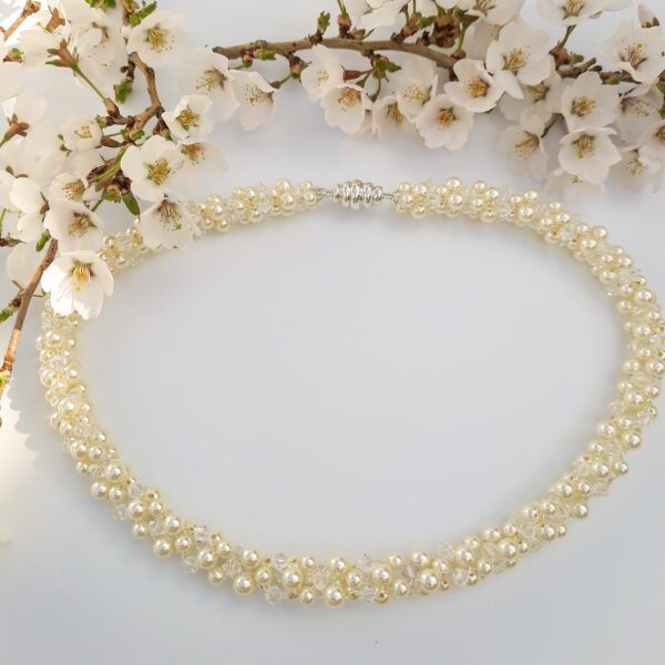 Watermeadow Lane Jewellery Cream & white rope necklace made of simulated pearls and diamonds weaved together on silver thread to create a rope like wedding or special occasion necklace.