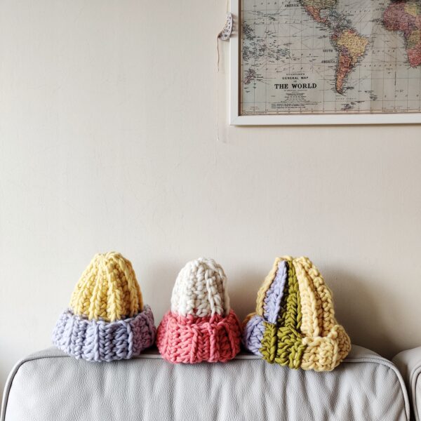 My Ivory Room, Ice Pop beanies in pink cream yellow lilac and green 100% sustainably sourced wool