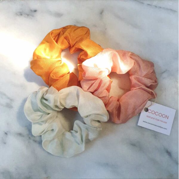 Three silk scrunchies, naturally dyed and plastic free Cocoon Natural Dye House