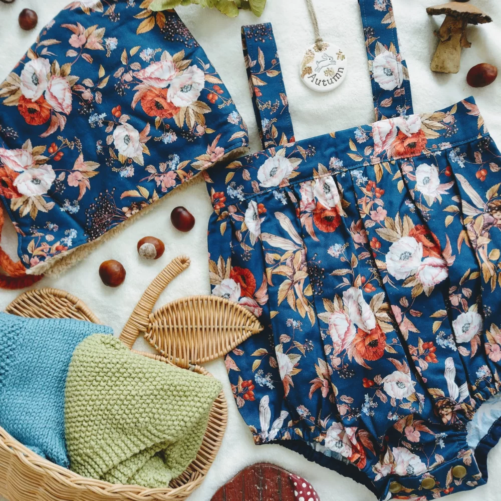 Dark blue autumn flower fairy print toddler romper with matching pixie hat