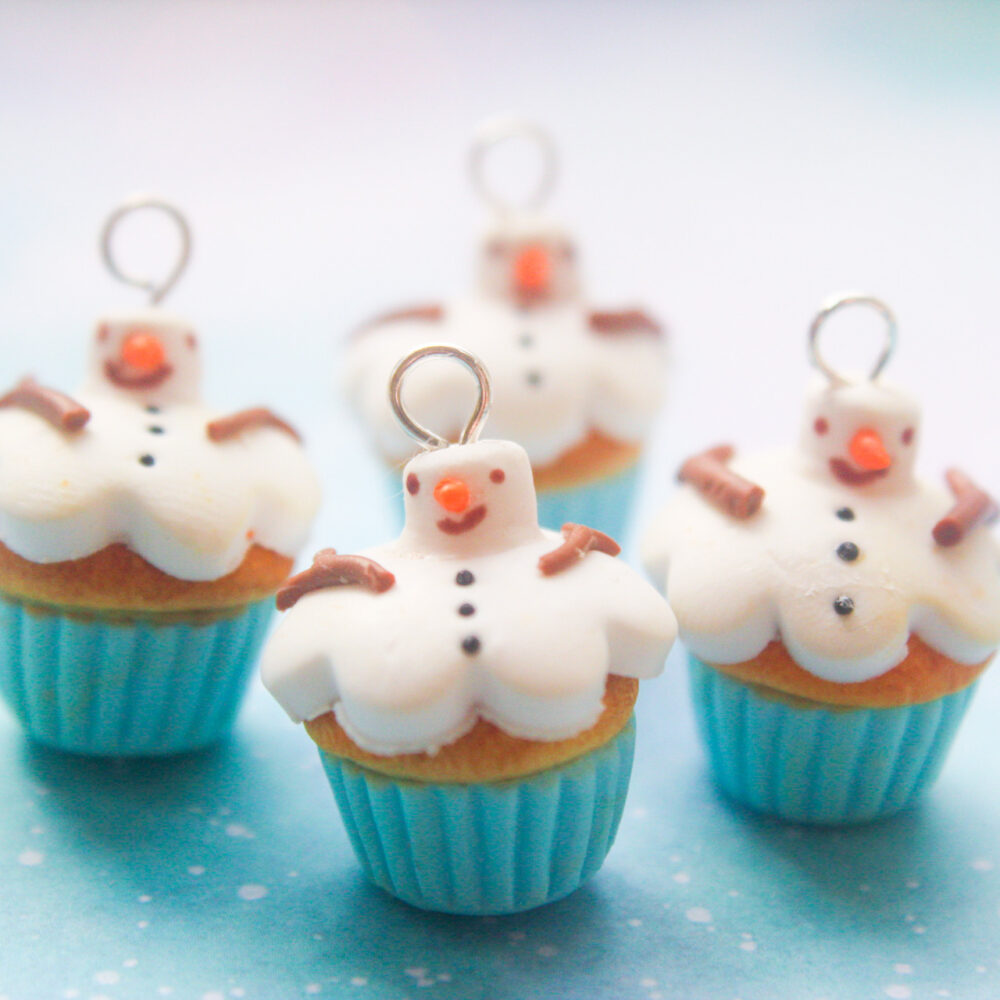 Patisserie, Handmade Polymer Clay Snowman Cupcake Charm