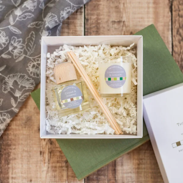 The Candle bothy gift set. Lay open in a box with a reed diffuser and a small candle.