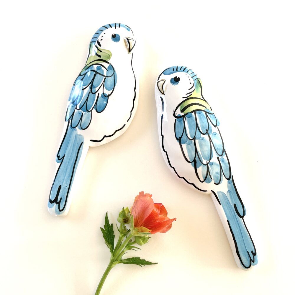 Blue budgies wall plaques, Pottery ornaments
