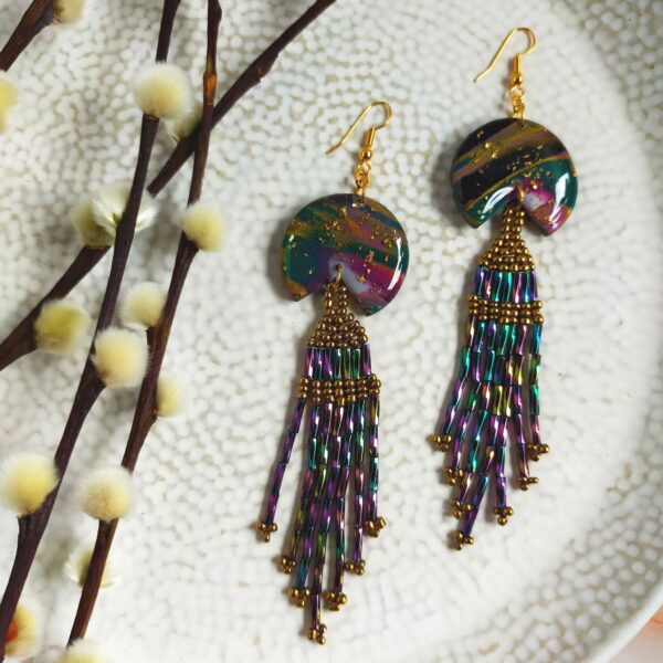 CREATED BY LAU "CHIARA" POLYMER CLAY & RECYCLED BEADED TASSEL EARRINGS GOLD PLATED