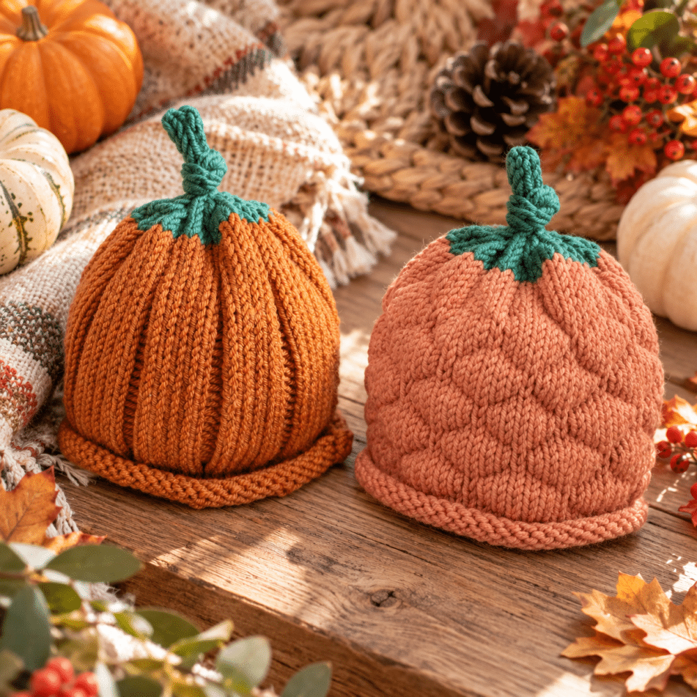 Baby Bumpy and Ribbed Knit Pumpkin Hats