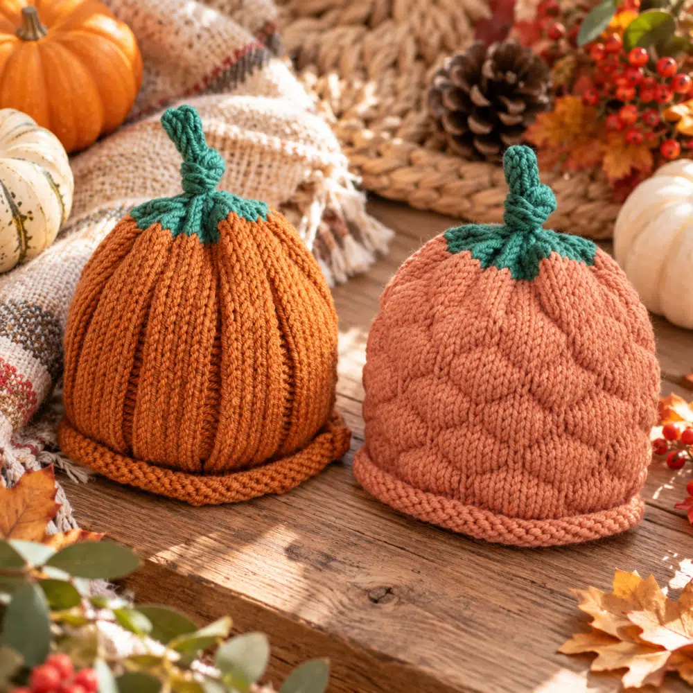 Baby Bumpy and Ribbed Knit Pumpkin Hats
