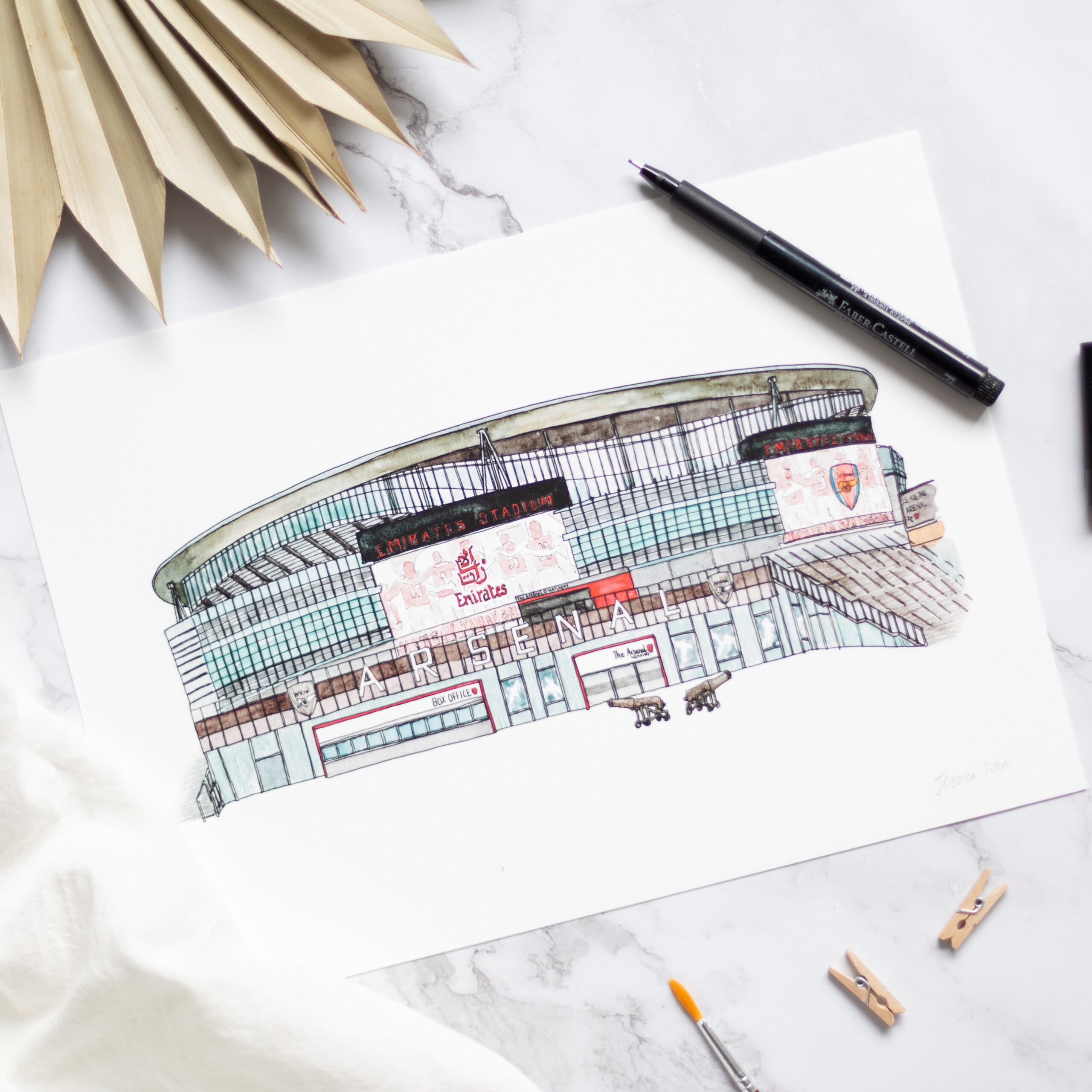 Jessica Sian Illustration, Arsenal Football Club Illustration Print of The Emirates Stadium