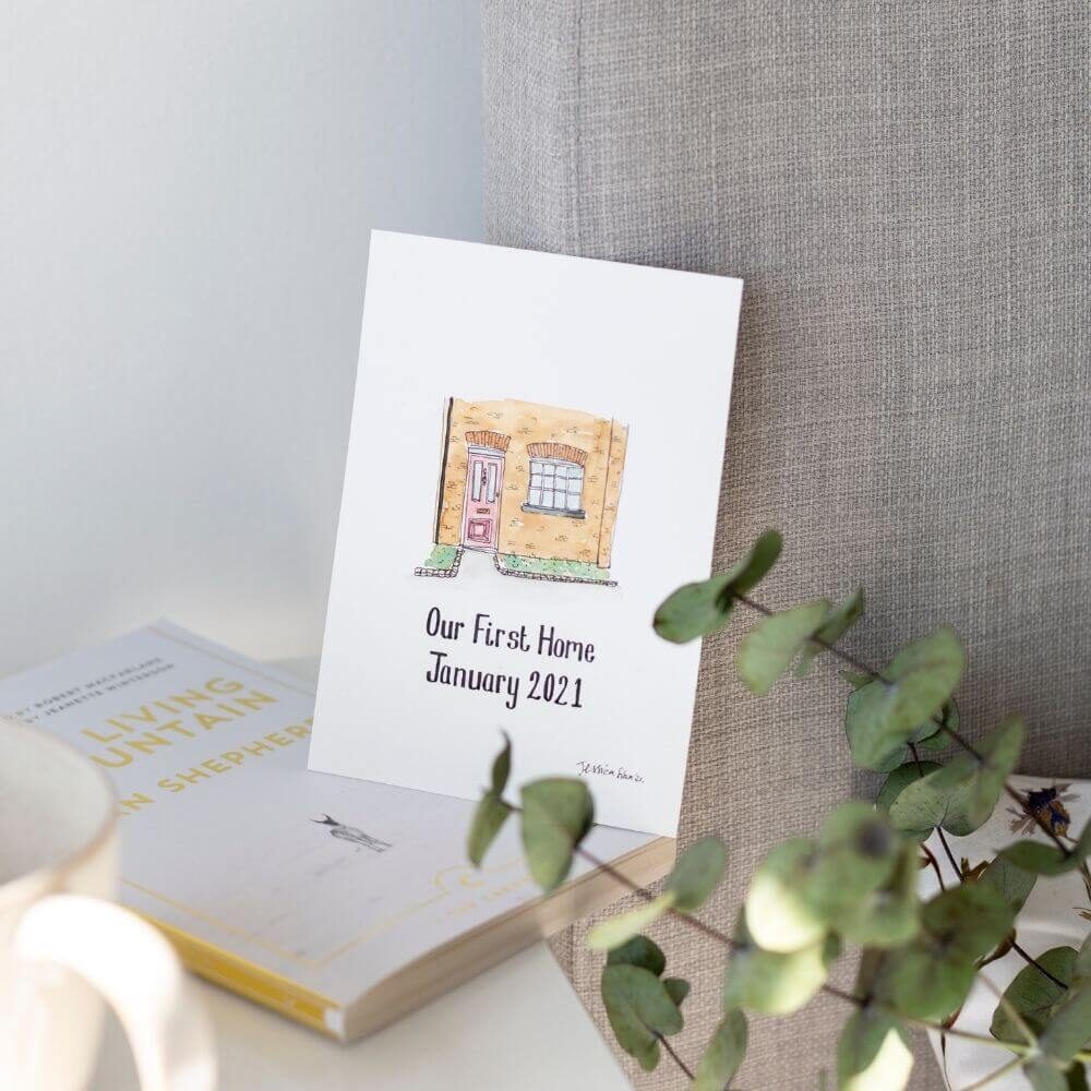 Jessica Sian Illustration original hand-drawn pen and watercolour illustration of a flat with Our First Home written underneath