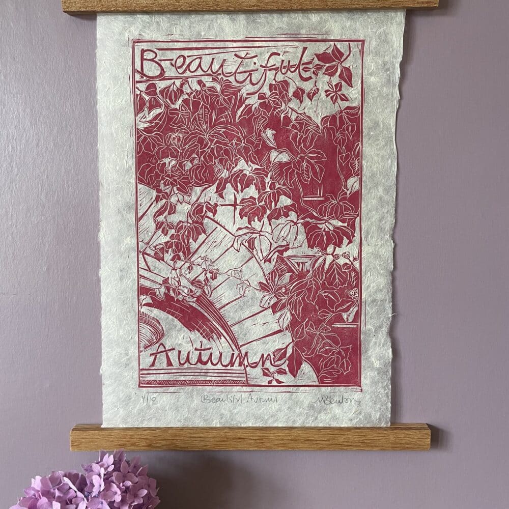 Mandy Benton Printmaker, 'Beautiful Autumn' Linocut Print. A print on a beautiful handmade 'Lokta' paper depicting a stunning red/pink sweep of autumnal Virginia Creeper.