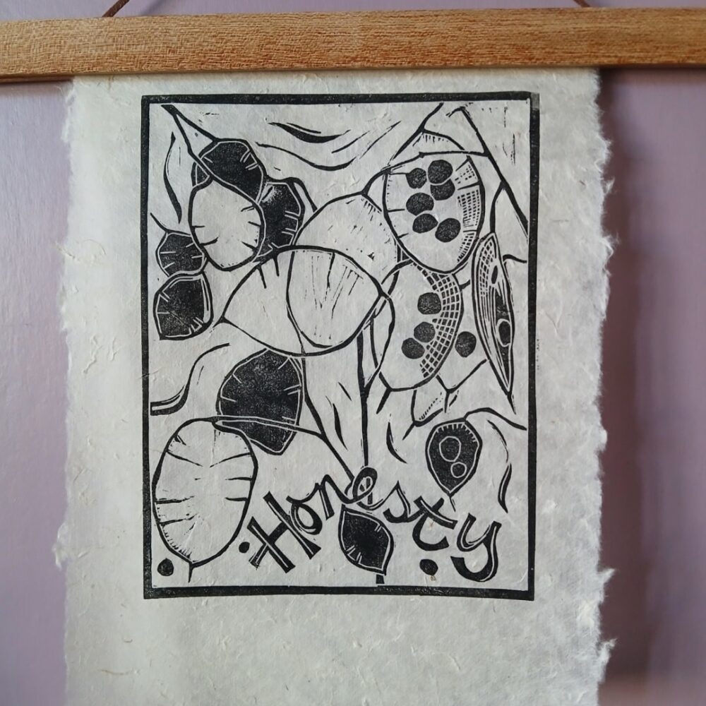Mandy Benton Printmaker, 'Honesty' Linocut Print. A single block lino print in black ink on a beautiful handmade 'Lokta' paper. The print depicts an image of honesty seed pods.