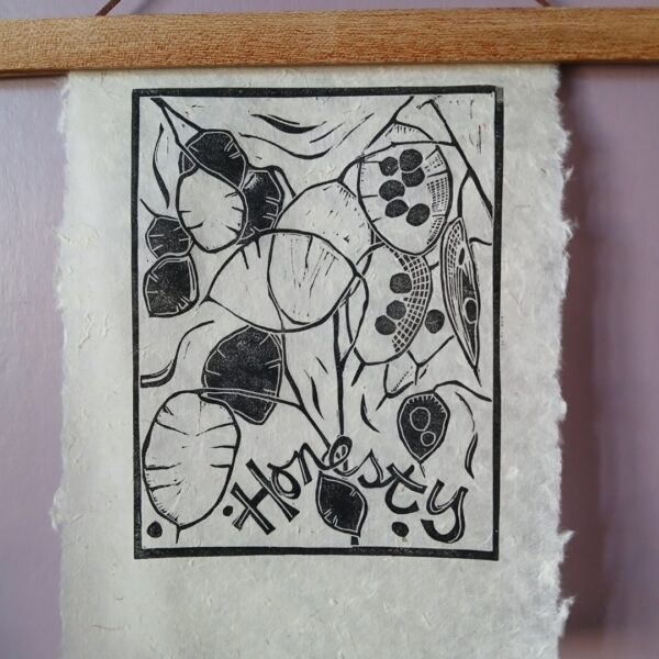 Mandy Benton Printmaker, 'Honesty' Linocut Print. A single block lino print in black ink on a beautiful handmade 'Lokta' paper. The print depicts an image of honesty seed pods.