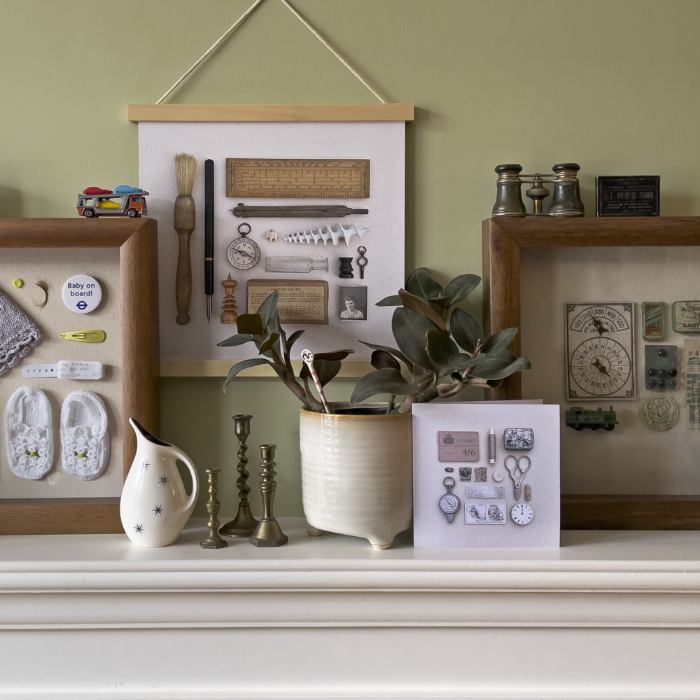 Collection of products including print, greeting cards and composition green original