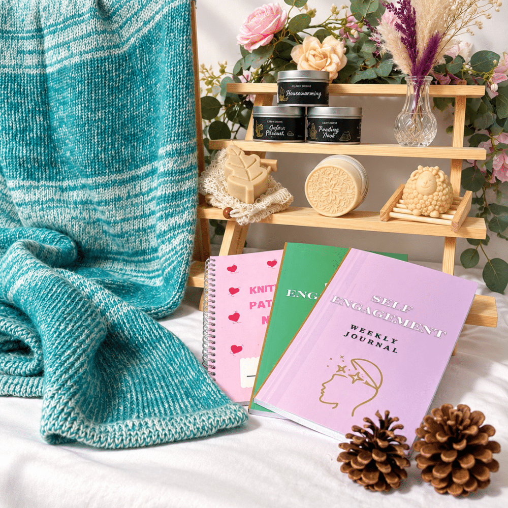 Spuggy Designs stall selection: knitted blankets, lanolin soaps, soy wax candles, and journals.